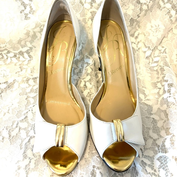 White Leather Herls with Bow, Gold Accents, New, J Renee, Size 7M - Picture 1 of 6